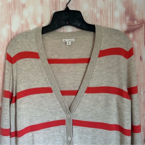 Gap Oatmeal Wool Blend Orange Stripe V Neck Cardigan - Picture 2 of 9